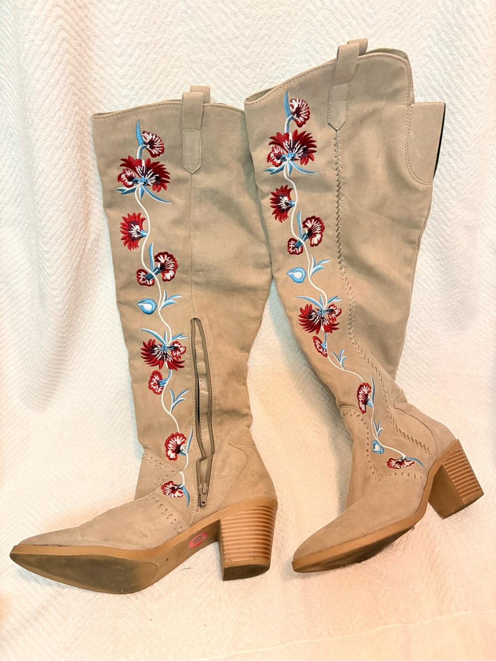 Taupe Embroidered Knee-High Women’s Boots